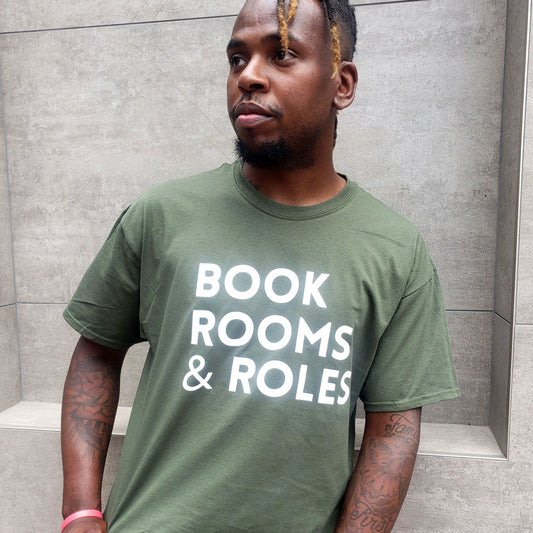 Books Rooms + Roles - Olive Green Unisex T-Shirt